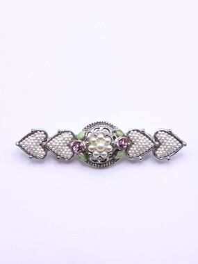 1928 faux Pearl Heart Brooch with Pink and Green enamel Accents